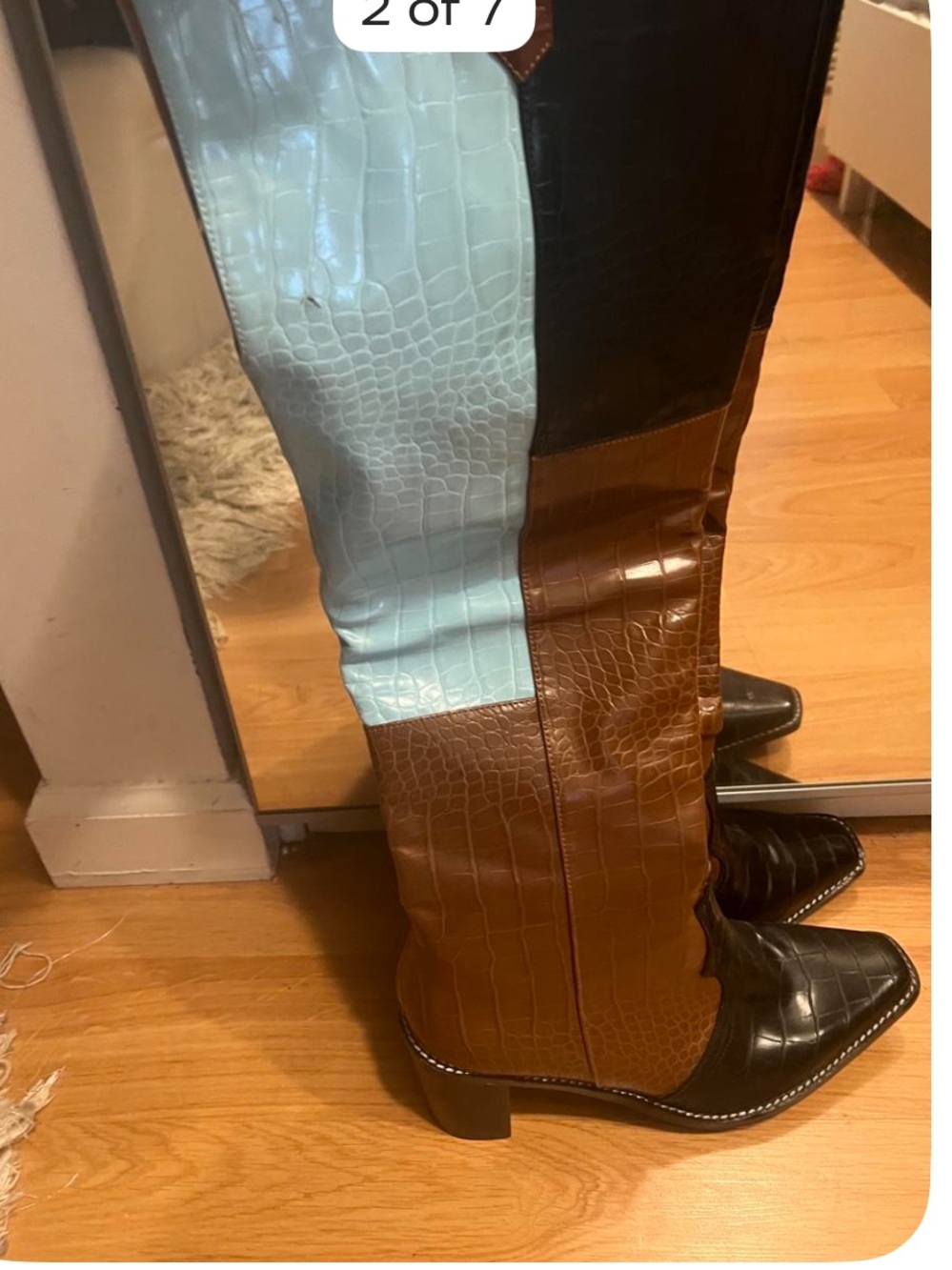 Colorblock Croc-Embossed Knee Boots -  Western style Black, Brown & Light Blue